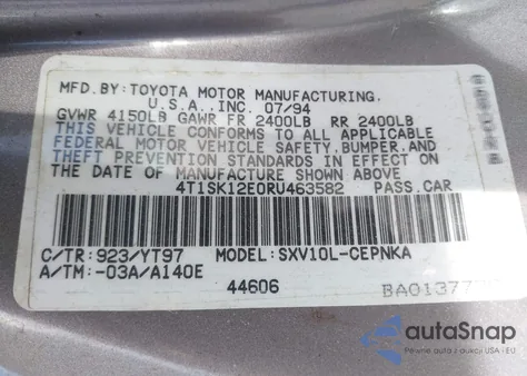 1994 Toyota Camry Le z USA, uszkodzony, nr VIN 4T1SK12E0RU463582